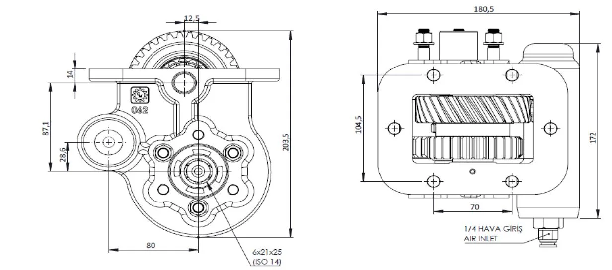 CTM 255 AC2 PTO teknik çizimi — kesit, ölçü ve montaj şeması