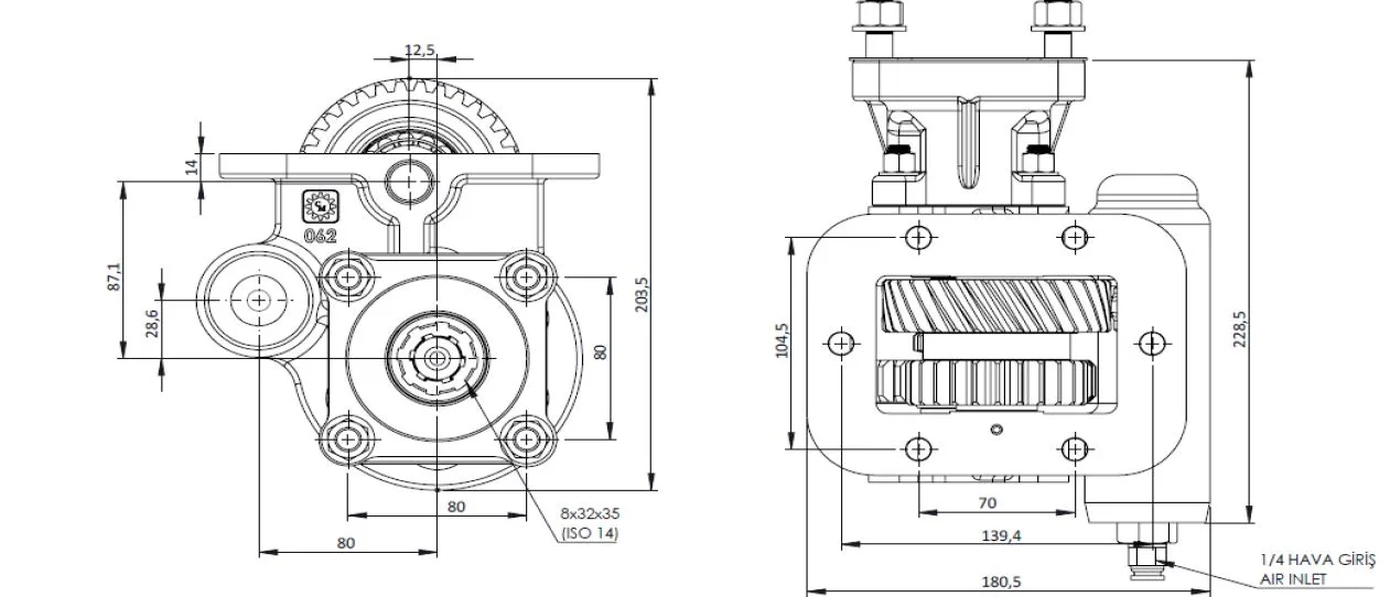 CTM 255 AC1 PTO teknik çizimi — kesit, ölçü ve montaj şeması