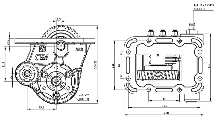 CTM 263 AE PTO teknik çizimi — kesit, ölçü ve montaj şeması