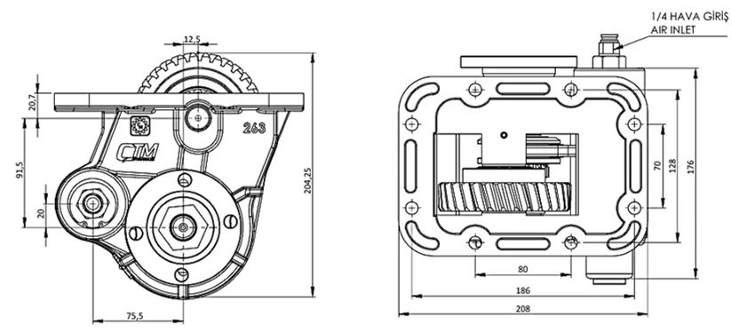 CTM 263 AD PTO teknik çizimi — kesit, ölçü ve montaj şeması