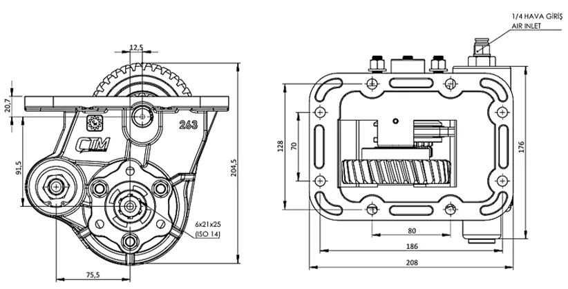 CTM 263 AC2 PTO teknik çizimi — kesit, ölçü ve montaj şeması
