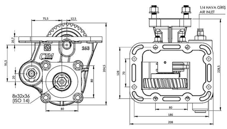 CTM 263 AC1 PTO teknik çizimi — kesit, ölçü ve montaj şeması