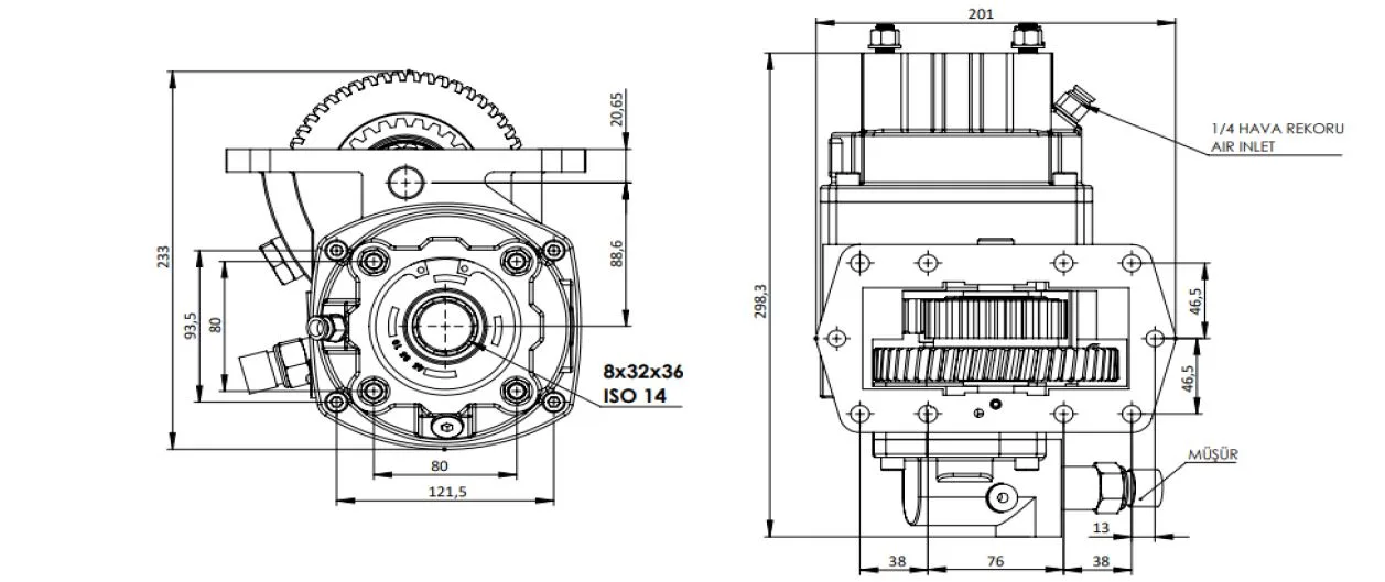 CTM 268 A1 PTO teknik çizimi — kesit, ölçü ve montaj şeması