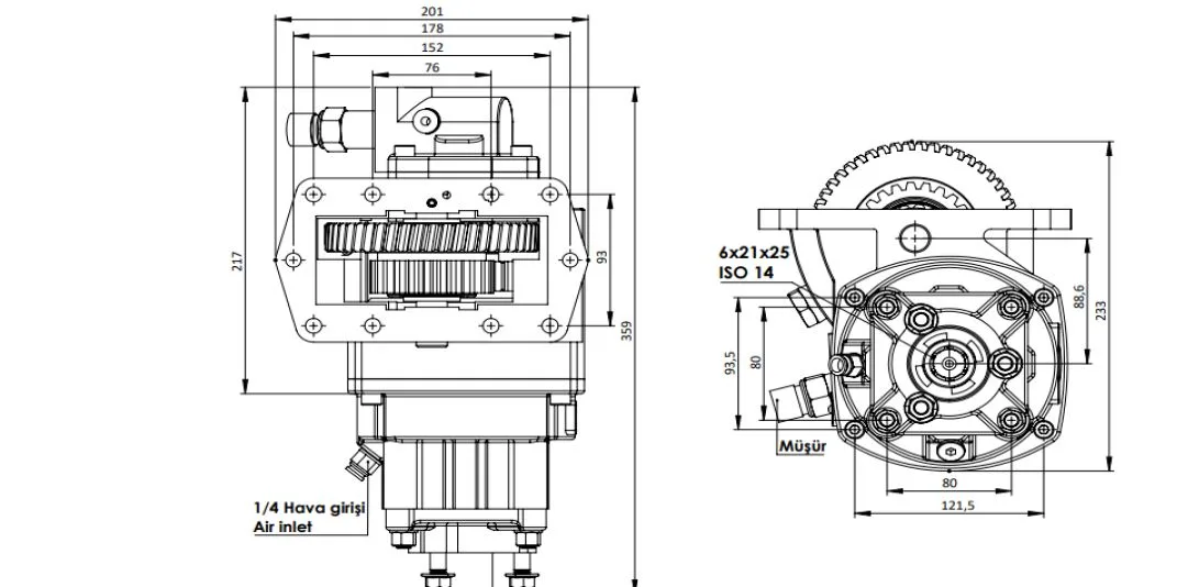 CTM 268 AC2 PTO teknik çizimi — kesit, ölçü ve montaj şeması