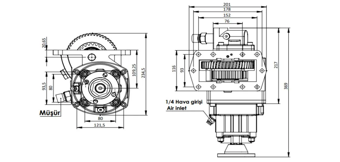 CTM 268 AD1 PTO teknik çizimi — kesit, ölçü ve montaj şeması