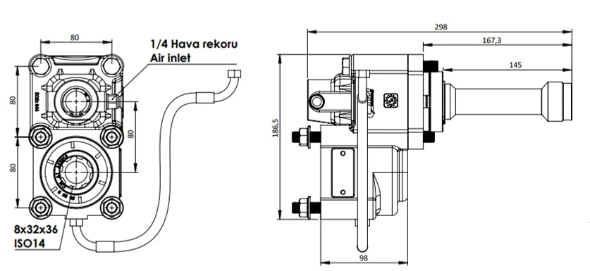 CTM 272 A1 PTO teknik çizimi — kesit, ölçü ve montaj şeması