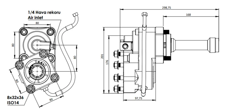 CTM 272 A1 3X PTO teknik çizimi — kesit, ölçü ve montaj şeması