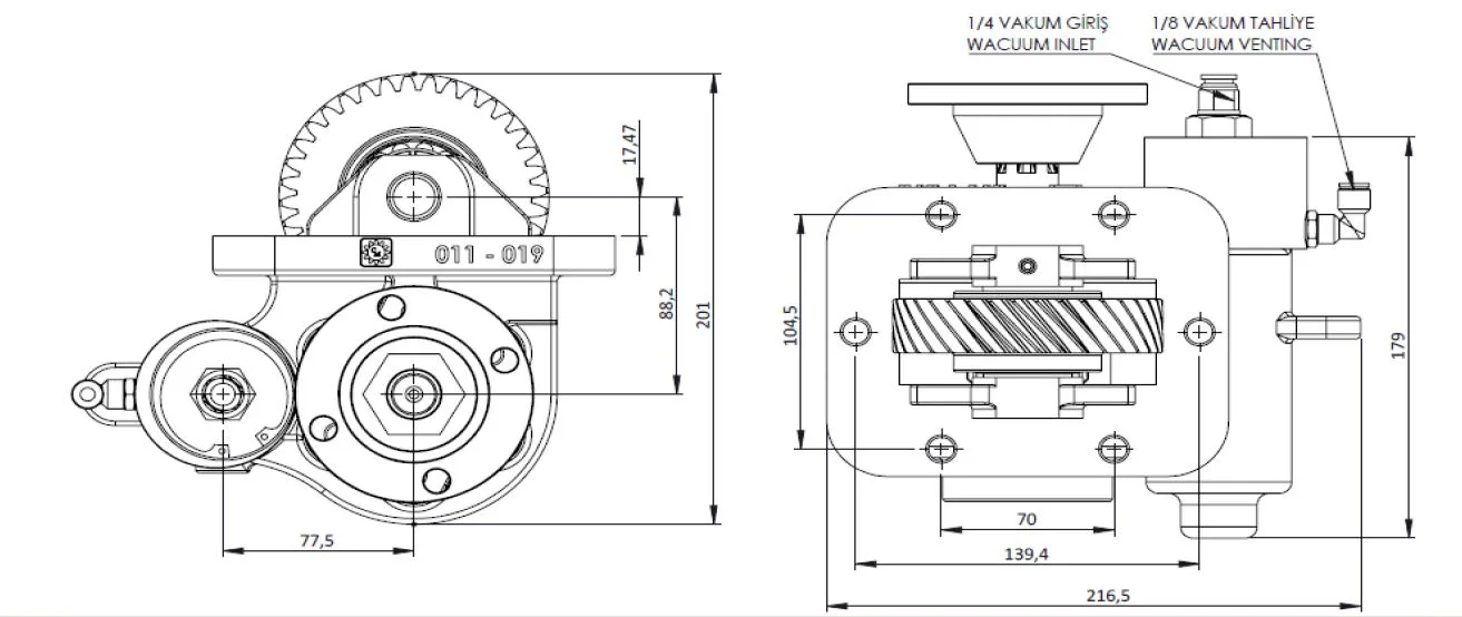 CTM 273 BD KV PTO teknik çizimi — kesit, ölçü ve montaj şeması