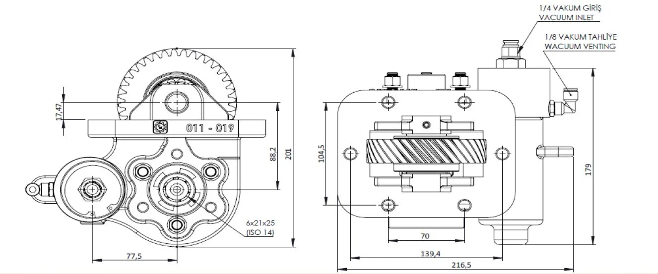 CTM 273 BC2 KV PTO teknik çizimi — kesit, ölçü ve montaj şeması