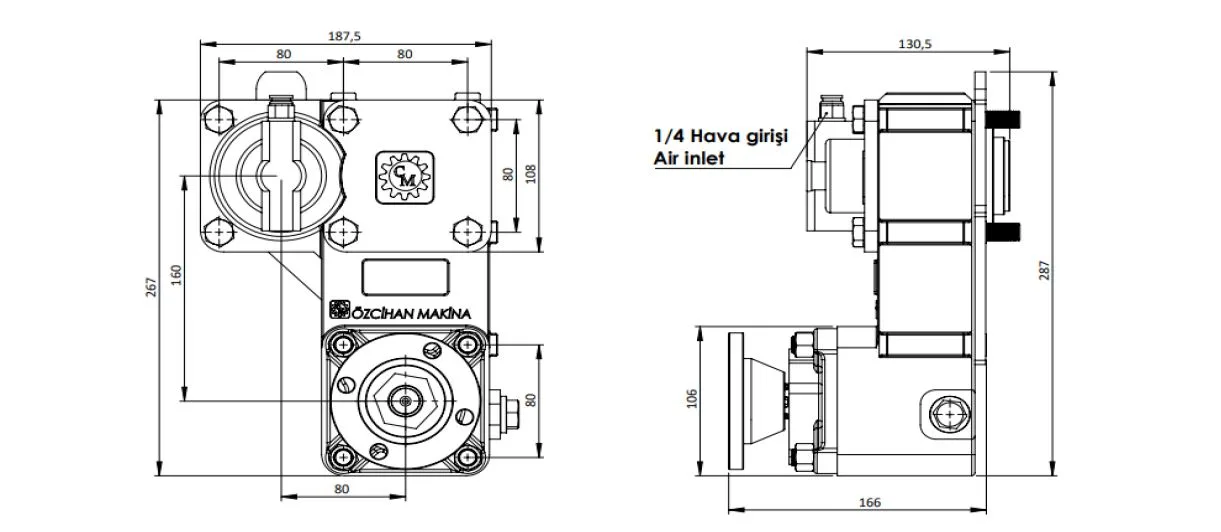 CTM 280 AD PTO teknik çizimi — kesit, ölçü ve montaj şeması