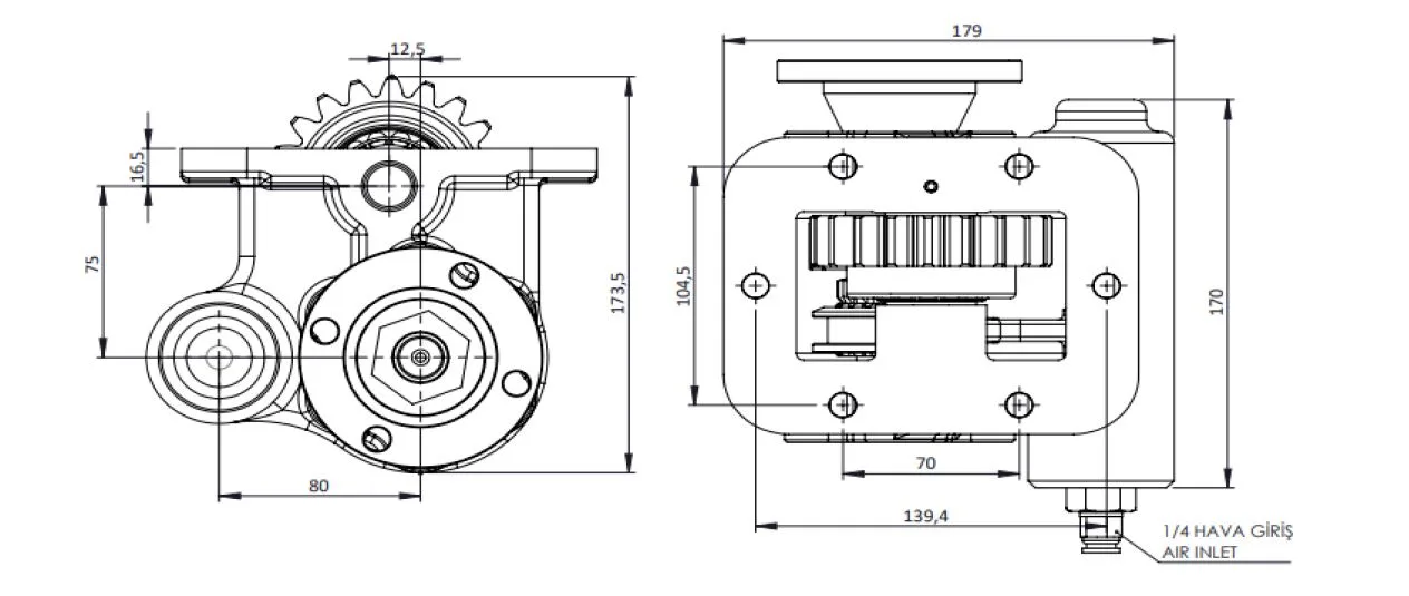 CTM 282 AD PTO teknik çizimi — kesit, ölçü ve montaj şeması