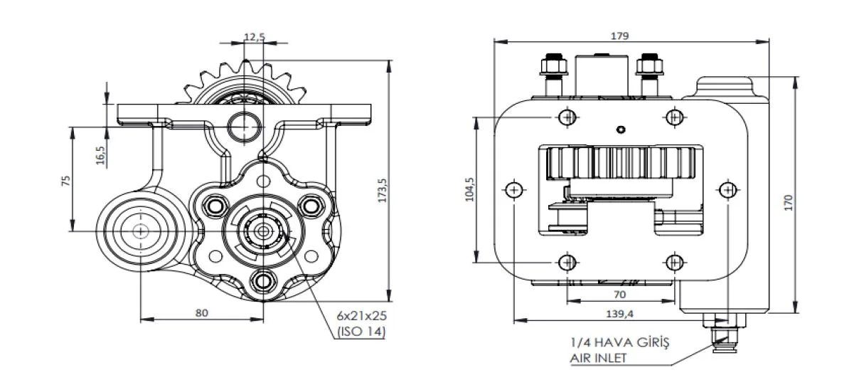 CTM 282 AC2 PTO teknik çizimi — kesit, ölçü ve montaj şeması