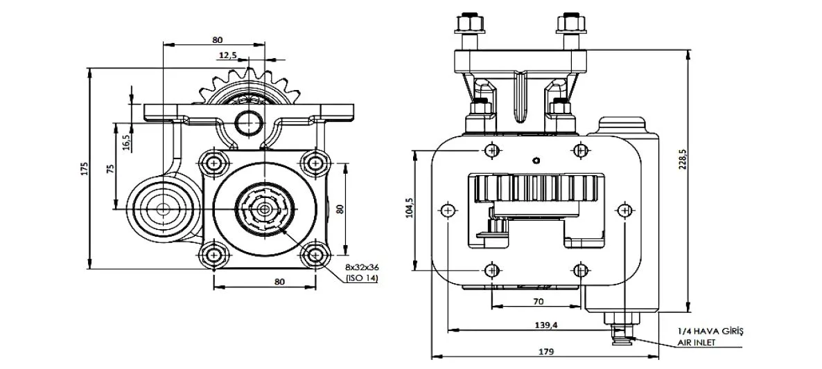 CTM 282 AC1 PTO teknik çizimi — kesit, ölçü ve montaj şeması
