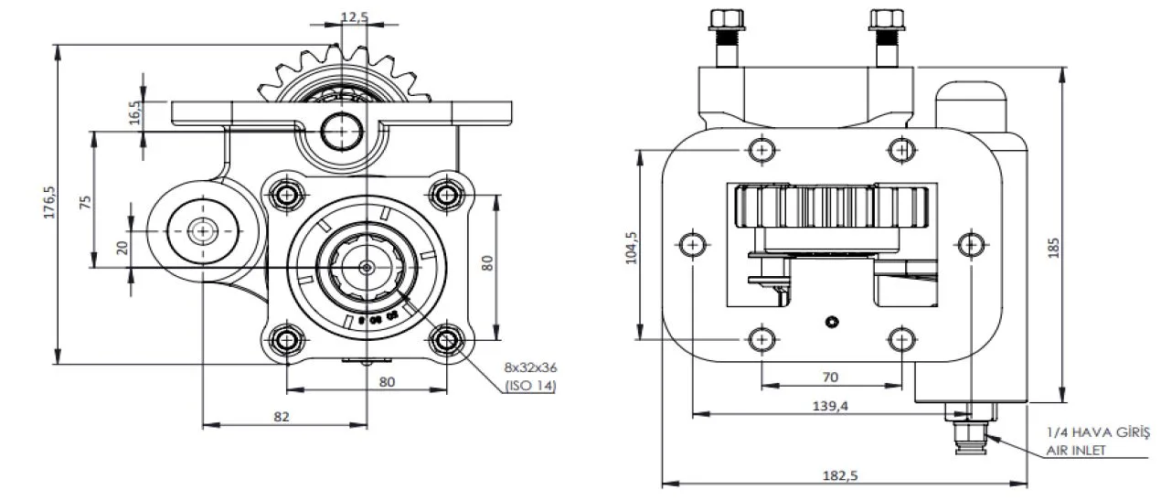 CTM 282 A1 PTO teknik çizimi — kesit, ölçü ve montaj şeması