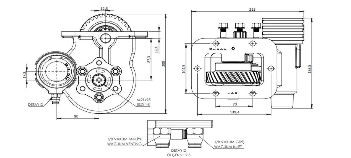 CTM 283 BE KV PTO teknik çizimi — kesit, ölçü ve montaj şeması