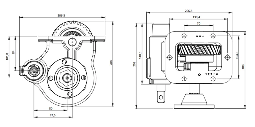 CTM 283 BD PTO teknik çizimi — kesit, ölçü ve montaj şeması