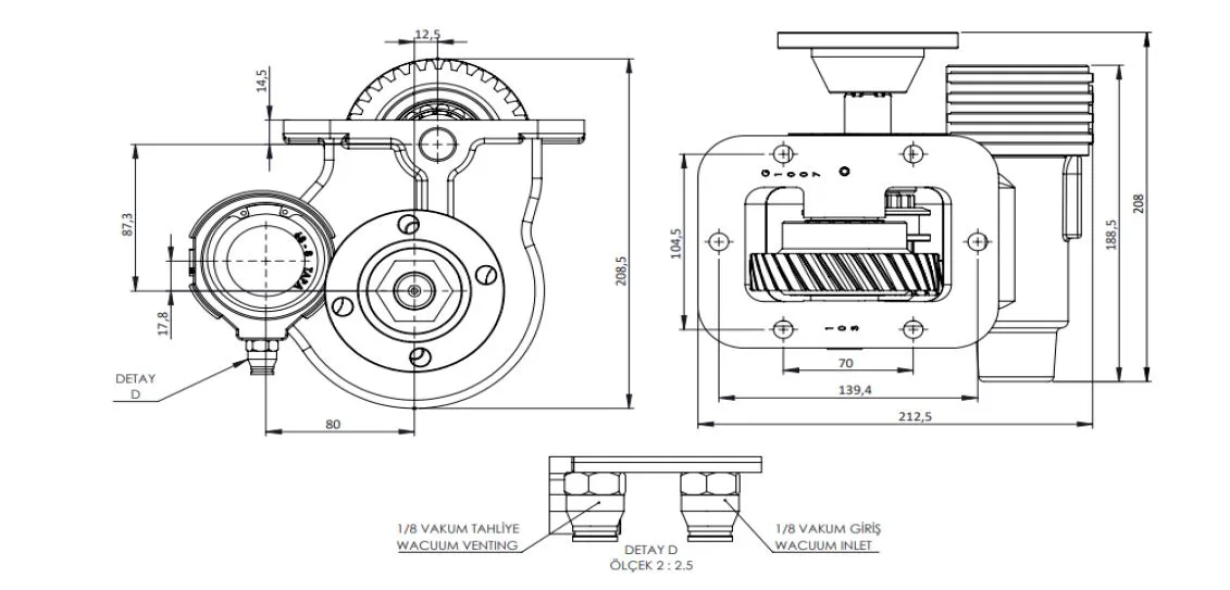 CTM 283 BD KV PTO teknik çizimi — kesit, ölçü ve montaj şeması