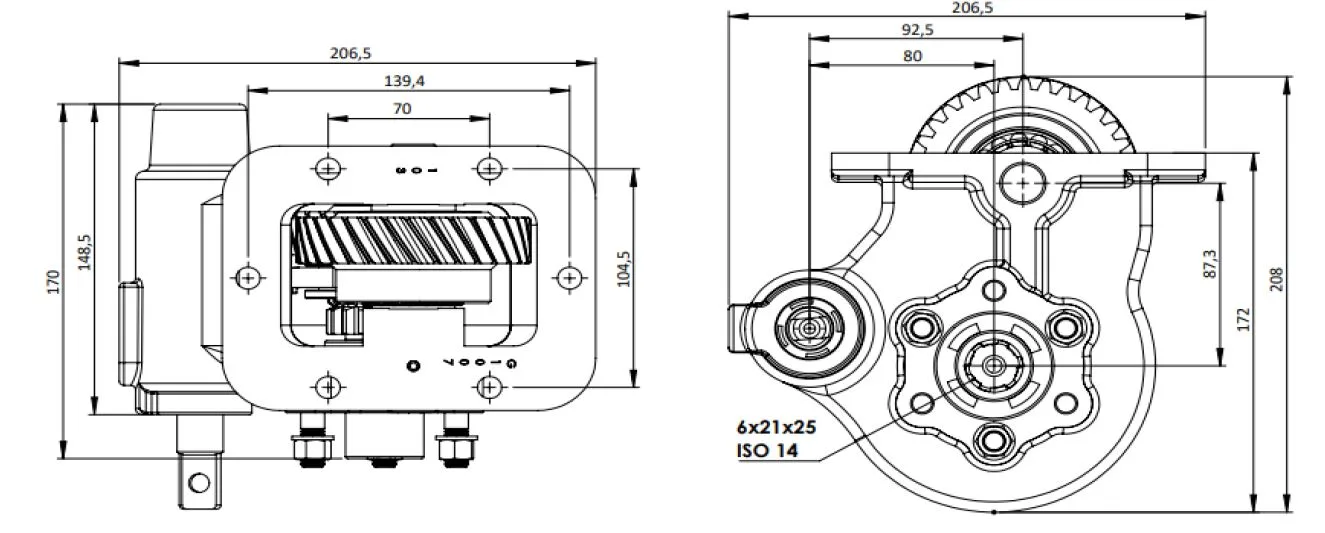 CTM 283 BC2 PTO teknik çizimi — kesit, ölçü ve montaj şeması