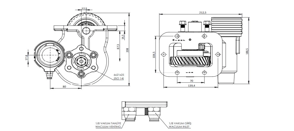 CTM 283 BC2 KV PTO teknik çizimi — kesit, ölçü ve montaj şeması