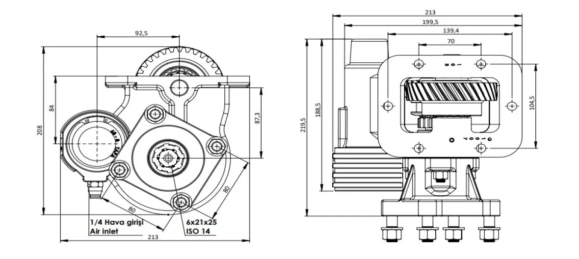 CTM 283 BC1 PTO teknik çizimi — kesit, ölçü ve montaj şeması
