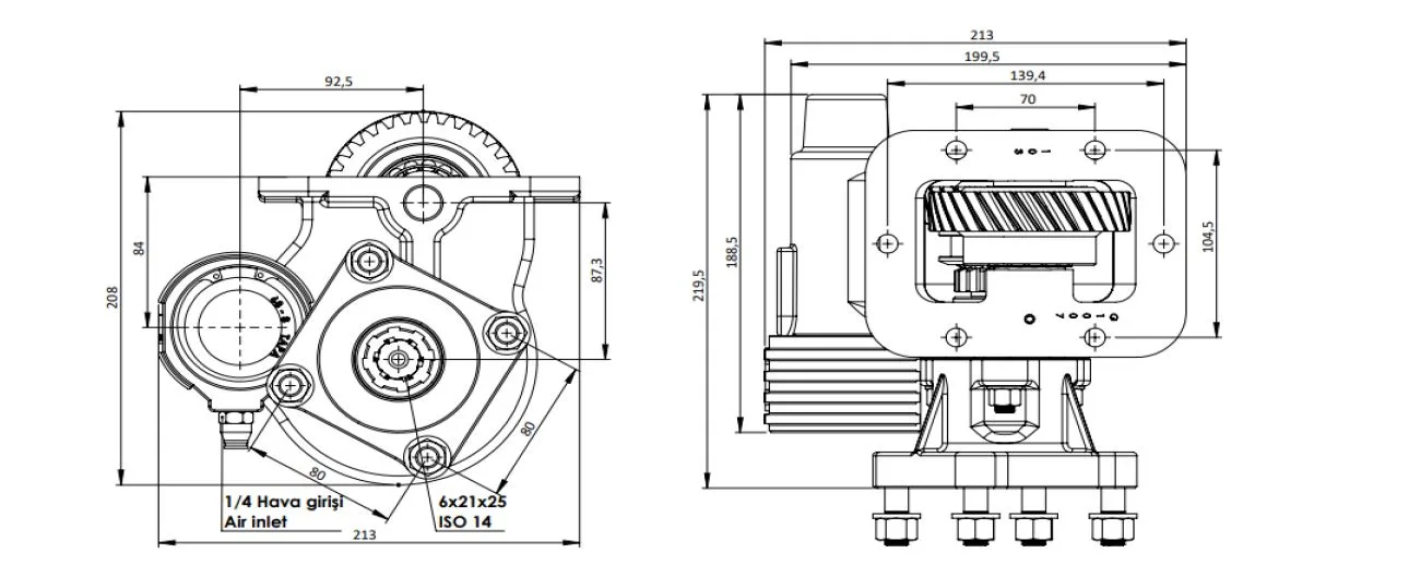 CTM 283 BC1 KV PTO teknik çizimi — kesit, ölçü ve montaj şeması