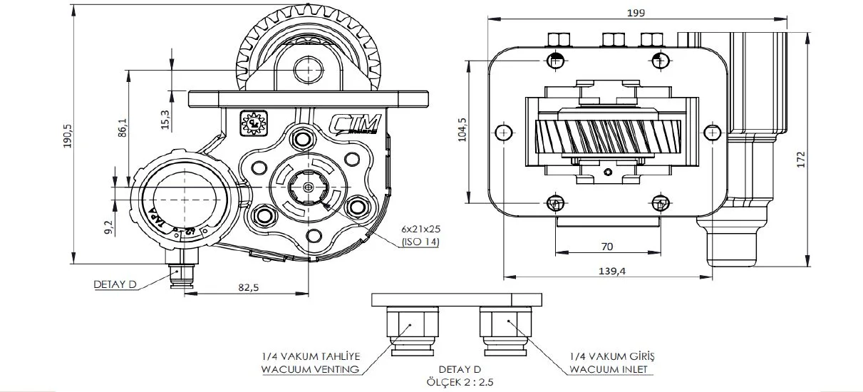 CTM 285 BE KV PTO teknik çizimi — kesit, ölçü ve montaj şeması