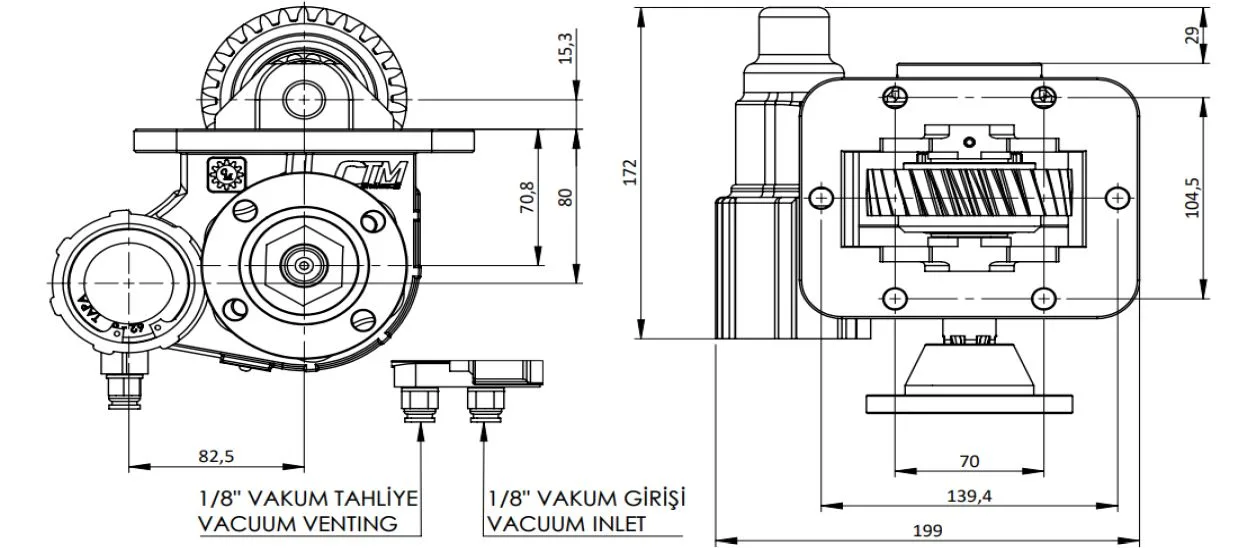 CTM 285 BD KV PTO teknik çizimi — kesit, ölçü ve montaj şeması