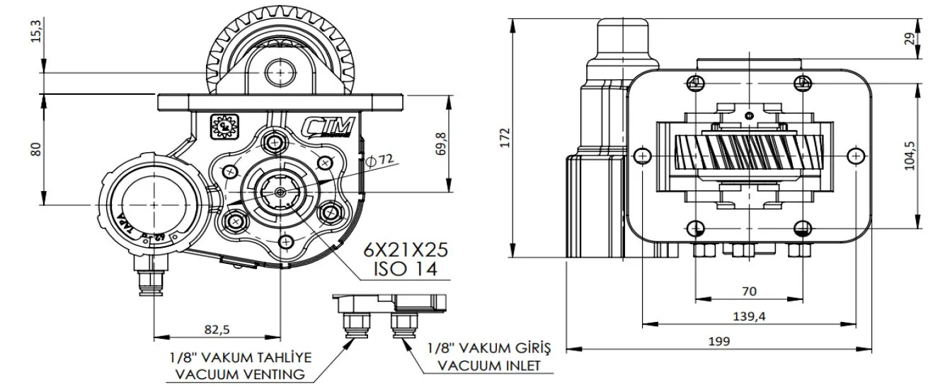 CTM 285 BC2 KV PTO teknik çizimi — kesit, ölçü ve montaj şeması
