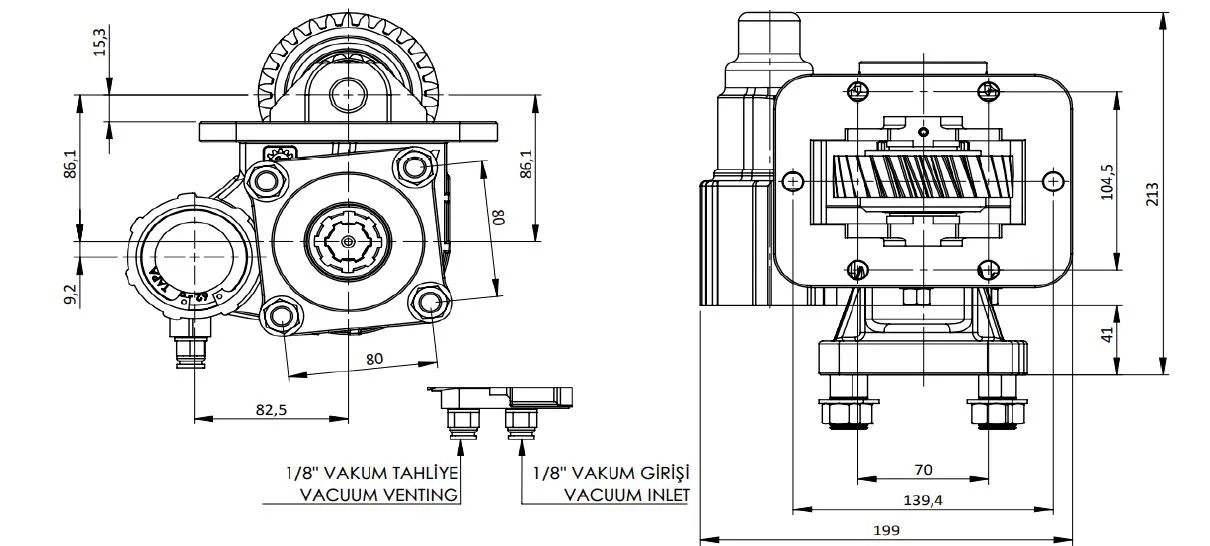 CTM 285 BC1 KV PTO teknik çizimi — kesit, ölçü ve montaj şeması