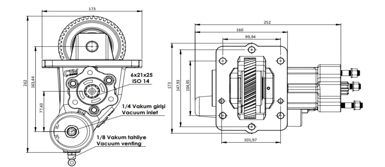 CTM 289 BE KV PTO teknik çizimi — kesit, ölçü ve montaj şeması