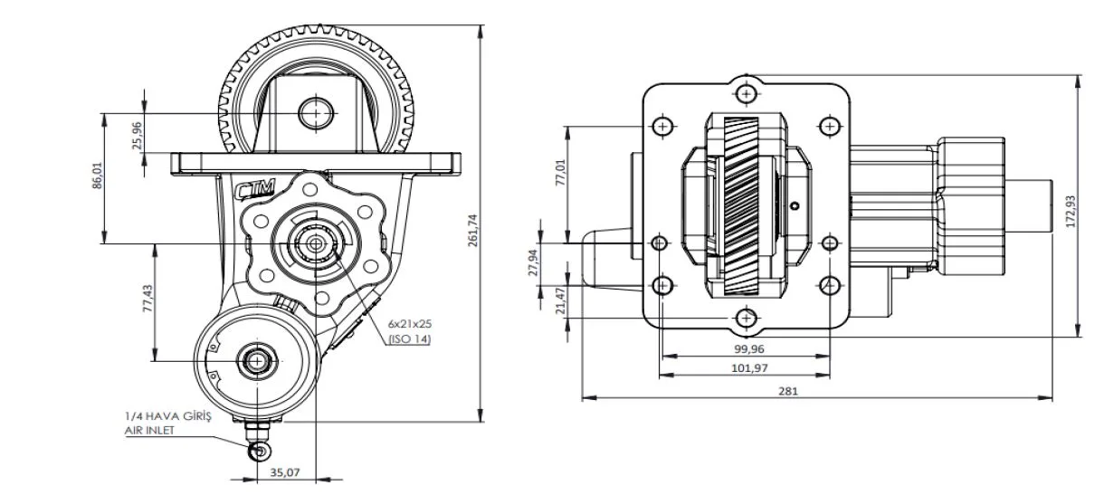 CTM 289 BC2 KV PTO teknik çizimi — kesit, ölçü ve montaj şeması