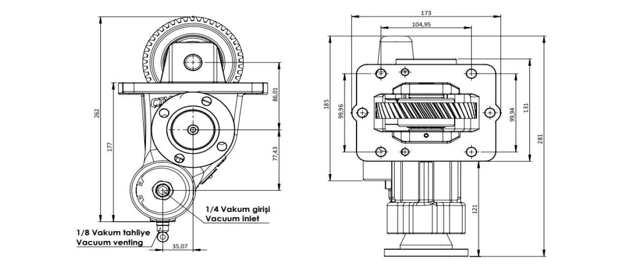 CTM 289 BD KV PTO teknik çizimi — kesit, ölçü ve montaj şeması