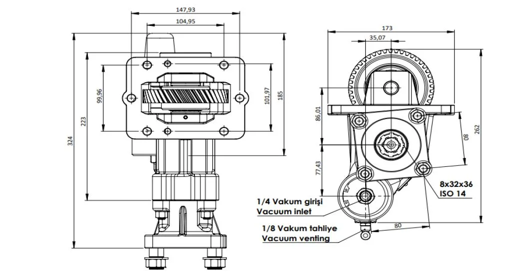 CTM 289 BC1 KV PTO teknik çizimi — kesit, ölçü ve montaj şeması