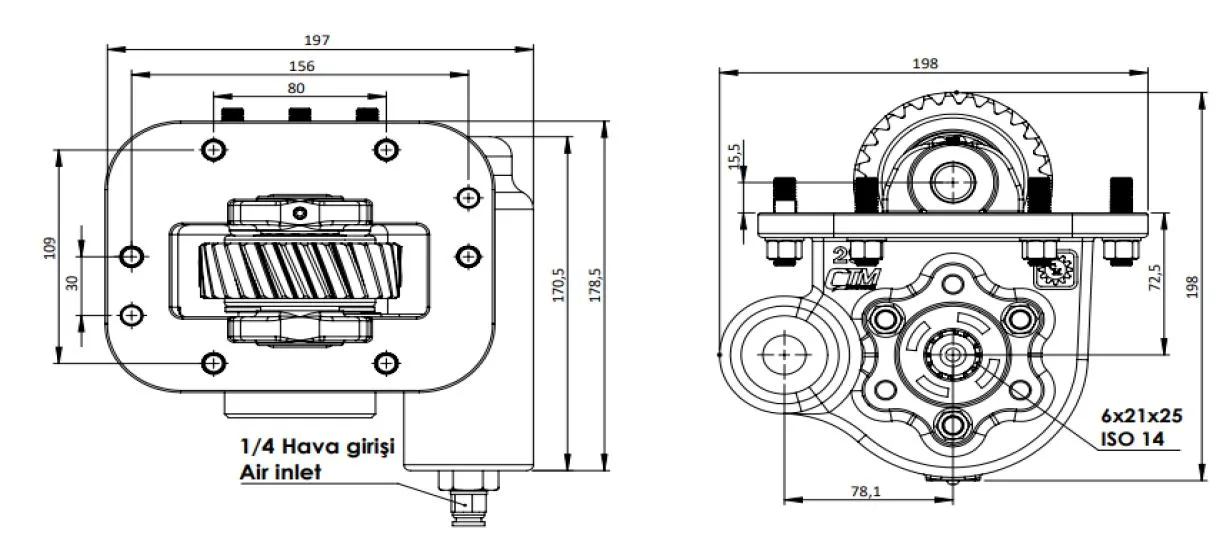 CTM 291 AE PTO teknik çizimi — kesit, ölçü ve montaj şeması