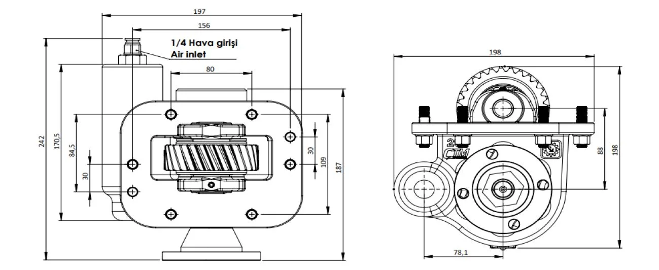 CTM 291 AD PTO teknik çizimi — kesit, ölçü ve montaj şeması