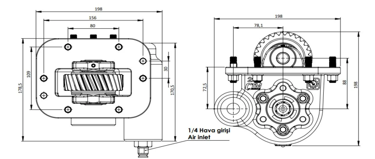 CTM 291 AC2 PTO teknik çizimi — kesit, ölçü ve montaj şeması