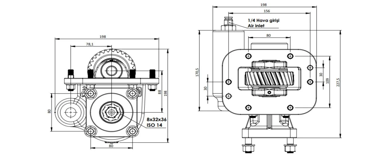 CTM 291 AC1 PTO teknik çizimi — kesit, ölçü ve montaj şeması