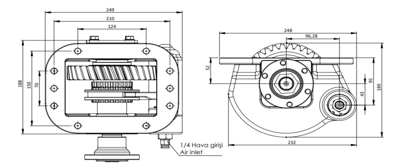 CTM 295 AD1 PTO teknik çizimi — kesit, ölçü ve montaj şeması