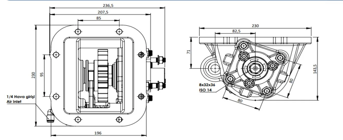 CTM 302 AC2 PTO teknik çizimi — kesit, ölçü ve montaj şeması