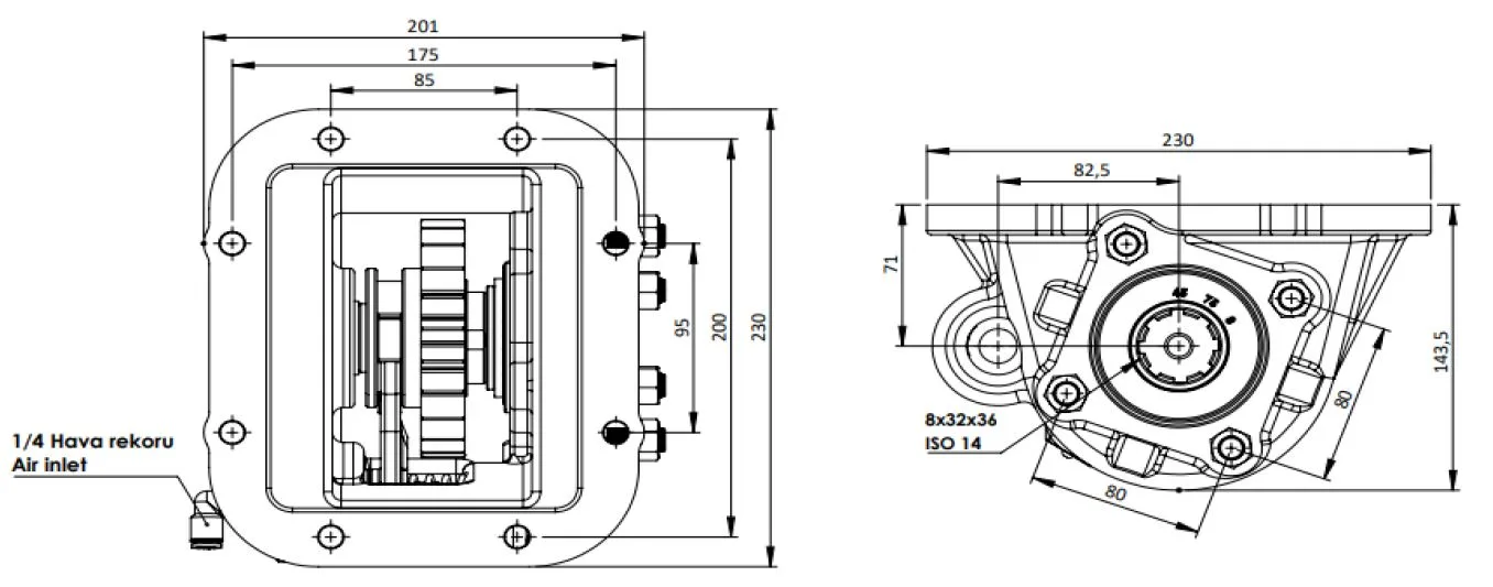 CTM 302 A1 PTO teknik çizimi — kesit, ölçü ve montaj şeması