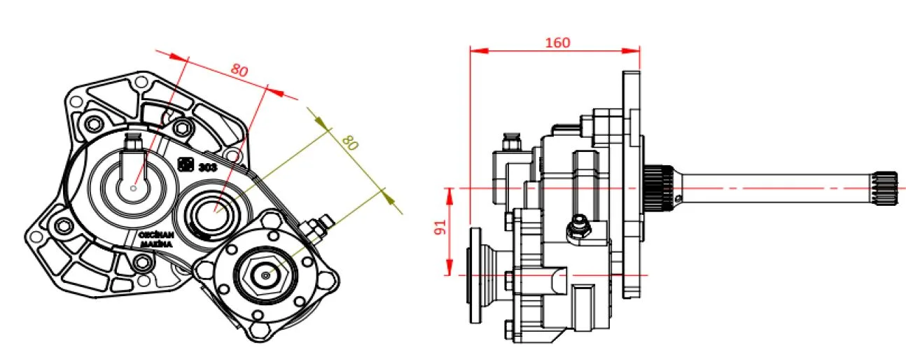 CTM 303 AD1 PTO teknik çizimi — kesit, ölçü ve montaj şeması