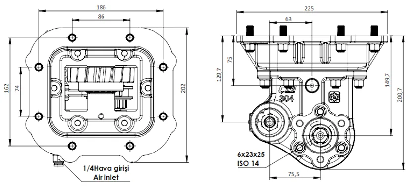 CTM 304 AC2 PTO teknik çizimi — kesit, ölçü ve montaj şeması