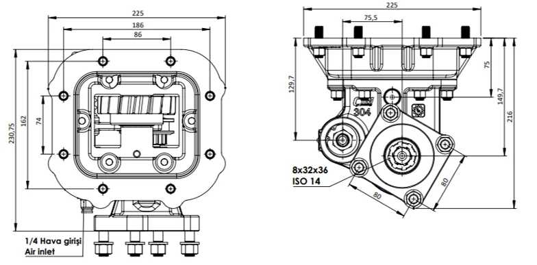 CTM 304 AC1 PTO teknik çizimi — kesit, ölçü ve montaj şeması