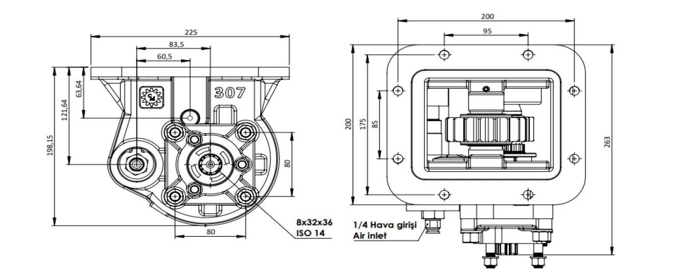 307 AE PTO teknik çizimi — kesit, ölçü ve montaj şeması