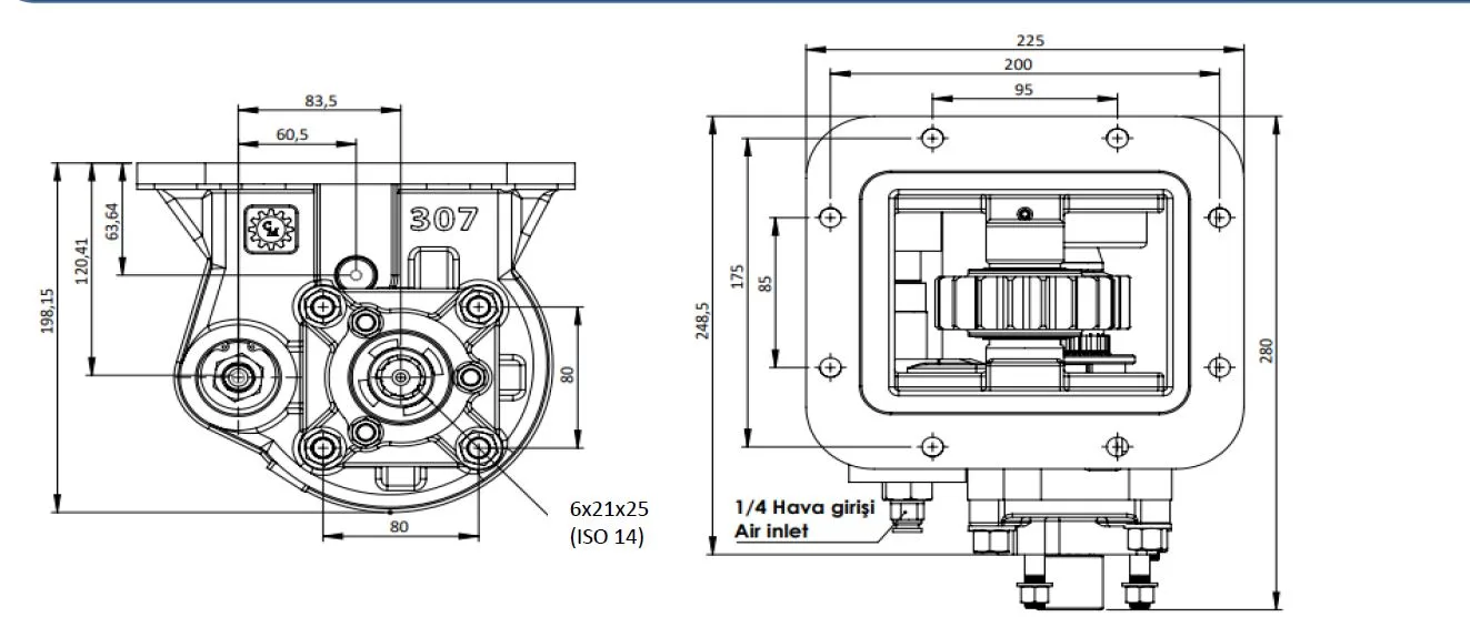 307 AC2 PTO teknik çizimi — kesit, ölçü ve montaj şeması
