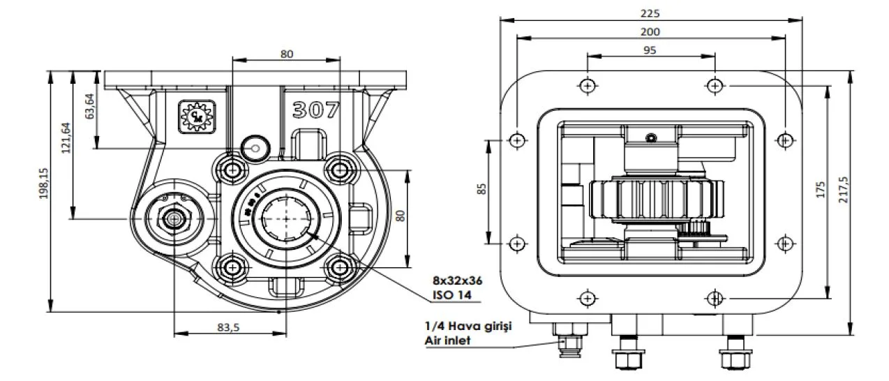 307 A1 PTO teknik çizimi — kesit, ölçü ve montaj şeması