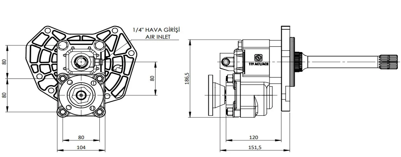 CTM 310 ADF PTO teknik çizimi — kesit, ölçü ve montaj şeması