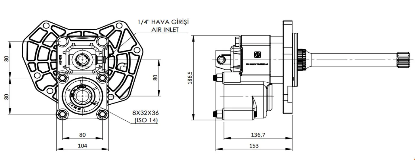 CTM 310 A1 F PTO teknik çizimi — kesit, ölçü ve montaj şeması