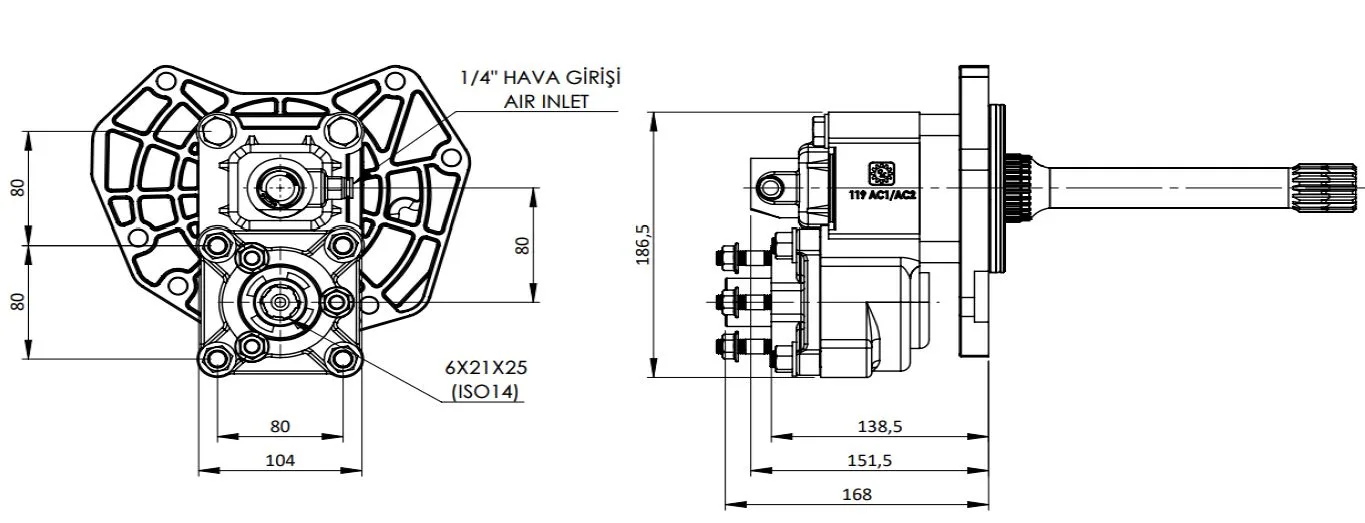 CTM 310 AC2 F PTO teknik çizimi — kesit, ölçü ve montaj şeması