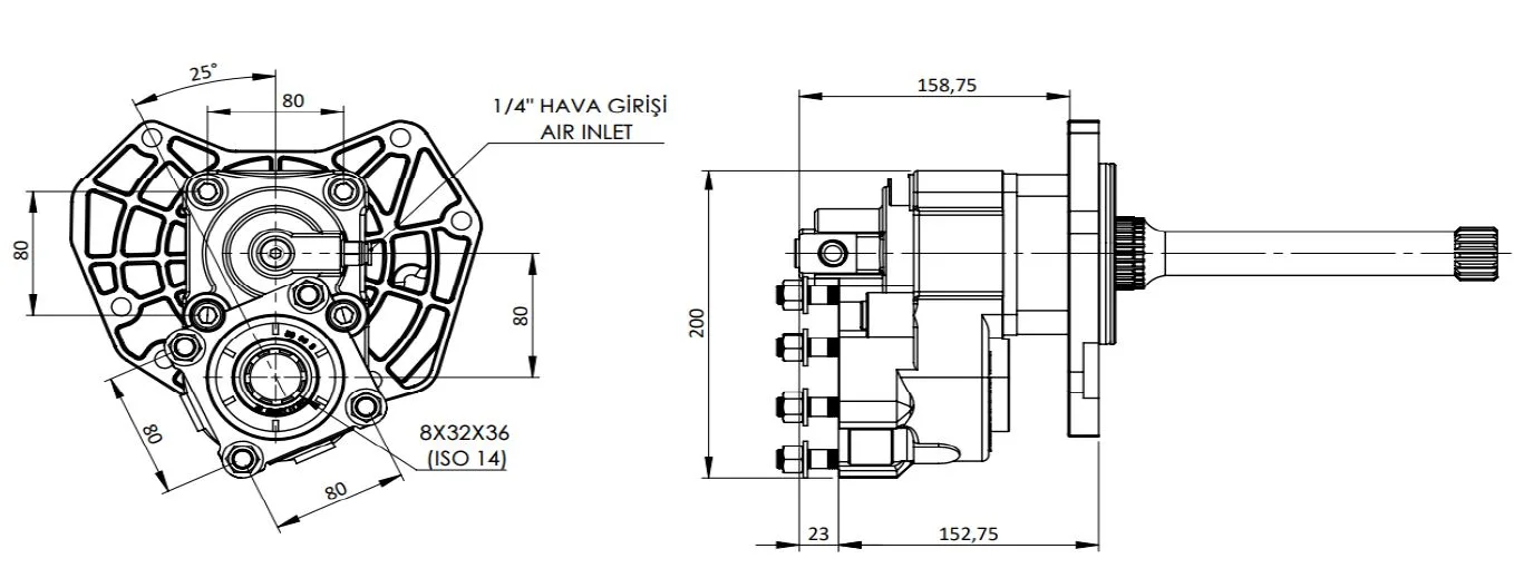 CTM 310 A1 3XF PTO teknik çizimi — kesit, ölçü ve montaj şeması